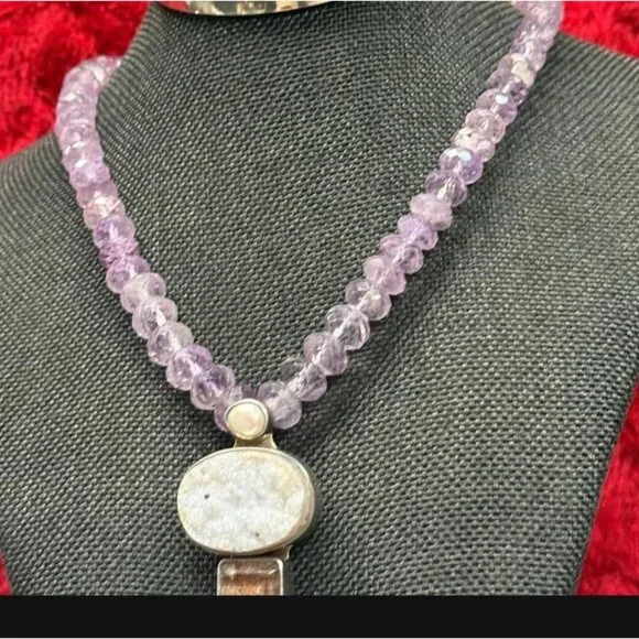 Echo of the Dreamer Necklace Faceted Amethyst Beads Druzy Quartz Pearl 18" - Picture 3 of 6